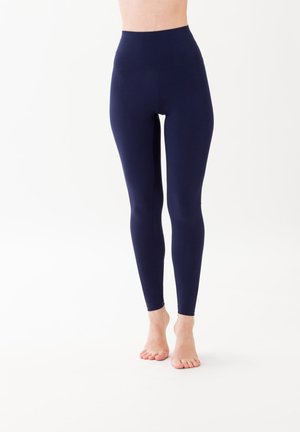 High-waisted navy leggings made from stretchy, smooth fabric. Fitted design with no visible seams or patterns, suitable for active wear.