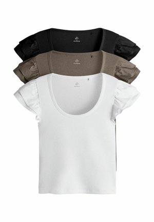 Tri krátke rukávy rebrovaného pleteného trička navrstvené, s nafúknutými rukávmi v bielej, taupe a čiernej farbe.