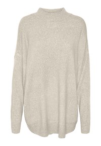 Light gray, chunky knit sweater with a high neckline, drop shoulders, and ribbed hem. Textured fabric with a soft, warm appearance.