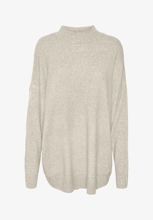 Light gray, chunky knit sweater with a high neckline, drop shoulders, and ribbed hem. Textured fabric with a soft, warm appearance.