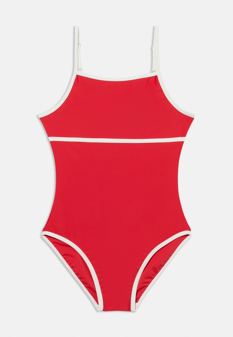 Maillot de bain une pièce rouge avec bordure blanche et fines bretelles ajustables, posé à plat sur un fond blanc.
