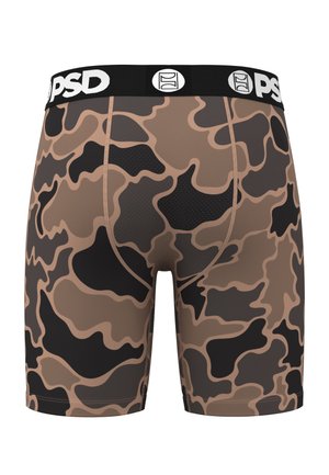 Boxer pour homme à motif camouflage marron et noir, ceinture noire avec logo PSD blanc, vu de dos.