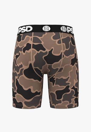Herreboxershorts med brun og sort camouflage, sort linning med hvidt PSD-logo, vist bagfra.