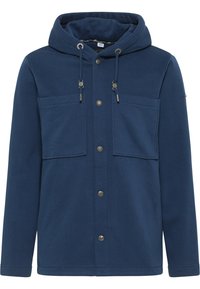 Veste à capuche bleu marine en tissu doux, dotée de deux poches poitrine, de boutons-pression à l'avant et de cordons de serrage pour l'ajustement.