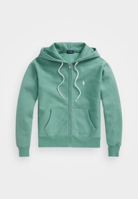Hoodie verde con zip realizzato in materiale morbido, dotato di tasca a marsupio, cordini bianchi e un piccolo logo sul lato sinistro del petto.