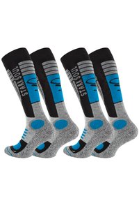 Calze al ginocchio nere, grigie e blu con motivo, dotate di talloni rinforzati, suole imbottite e strisce e pois decorativi.