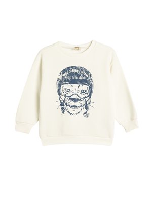 Kremowy sweatshirt wykonany z miękkiego materiału, z niebieską grafiką przedstawiającą tygrysa w hełmie, z napisem "WILD TIME NOW RIDE TO BE BORN".