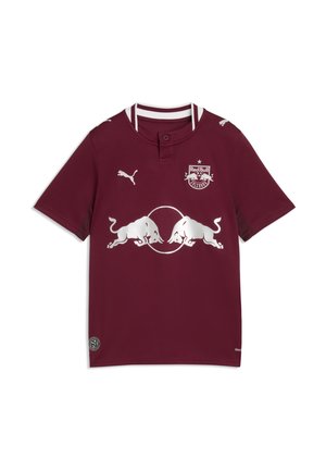 Mørkerød Red Bull Salzburg fodboldtrøje med hvide Puma-logoer, grafik med to angribende tyre og klubbens badge på brystet.