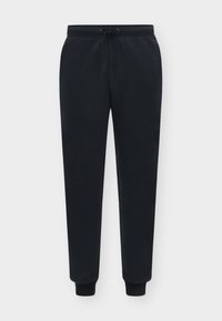 Μαύρο στενό παντελόνι jogger με ελαστική μέση, κορδόνι, πλαϊνές τσέπες και ριμπ μανσέτες, εμφανιζόμενο σε απλό φόντο.