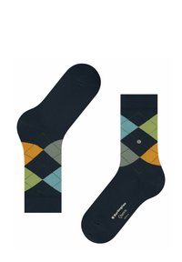 Granatowe skarpetki z wielokolorowym wzorem w argyle z pomarańczowymi, zielonymi i niebieskimi rombami, oznaczone napisem "Burlington Queen" na mankiecie.