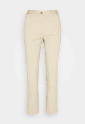 Beezokasest riidest sirge lõikega püksid, millel on esine nupp ja küljetaskud. Sile tekstuur ja minimaalne kaunistus.