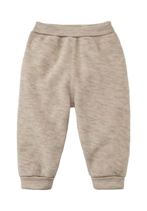 Zachte beige peuterbroek met geribde elastische tailleband en boorden, gemaakt van gezellig gebreide stof voor comfort en warmte.