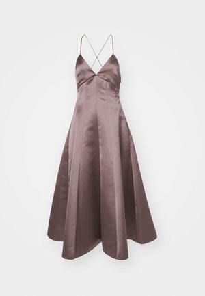A sleeveless, A-line dress in soft mauve satin with a V-neckline and crisscross spaghetti straps, featuring a flowing hemline.