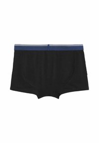 Boxer shorts neri con vestibilità aderente, dotati di un waistband blu navy con strisce bianche e cuciture piatte per un comfort aggiunto.