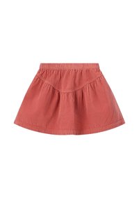 Roodbruine corduroy rok met elastische tailleband en geassembleerd detail in een korte, uitlopende A-lijn stijl.