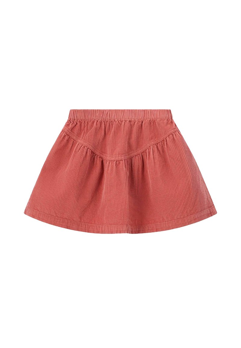 Roodbruine corduroy rok met elastische tailleband en geassembleerd detail in een korte, uitlopende A-lijn stijl.