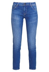 Vaqueros de mezclilla azul con un diseño ajustado, ligero desgastado, estilo de cinco bolsillos y un clásico cierre frontal con botón.