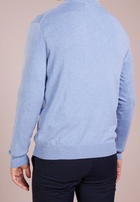 Pull tricot bleu clair à manches longues, avec poignets et ourlet côtelés. Texture douce, col rond et design minimaliste. Vue de dos.