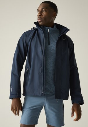 Man draagt een marineblauwe waterdichte jas, een blauw pullover met kwart-ritssluiting en lichtblauwe korte broek, kijkt opzij tegen een effen achtergrond.