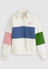 Kreklu krekls, izgatavots no kokvilnas maisījuma, ar apkakles dizainu un horizontālām svītrām baltā, zilā, rozā un zaļā krāsā. Logo uz krūtīm.