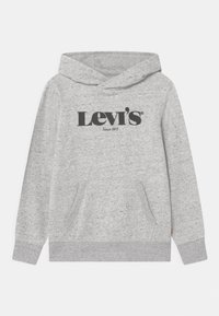 Felpa leggera grigia Levi's per bambini con tasca frontale, polsini a coste e "Levi's Since 1873" stampato in nero sul petto.