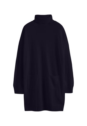 Tunique turtleneck marine à manches longues, dotée de deux poches avant et d'une coupe décontractée. Texture lisse avec col et poignets côtelés.