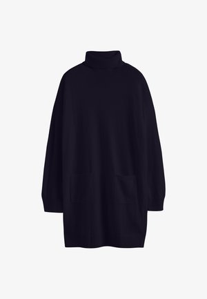 Tunique turtleneck marine à manches longues, dotée de deux poches avant et d'une coupe décontractée. Texture lisse avec col et poignets côtelés.