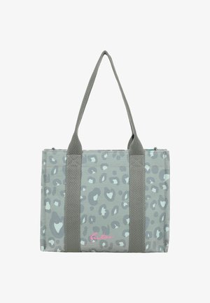 Gray tote bag with darker gray leopard spots, wide handles, and pink cursive "fritzi" logo on front center.