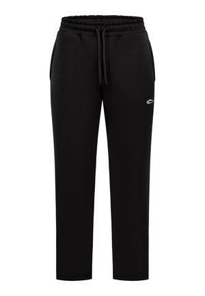 Czarne spodnie dresowe wykonane z miękkiego materiału, z elastycznym paskiem w talii z sznurkiem, bocznymi kieszeniami oraz małym logo.