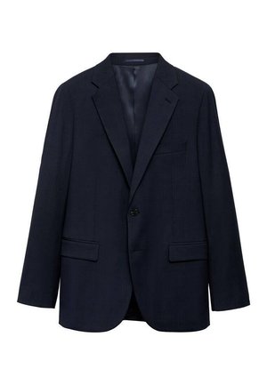 Blazer marine en tissu texturé, avec une fermeture à bouton unique, deux poches avant et un col cranté.