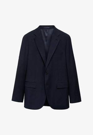 Marineblazer van een gestructureerde stof, met een enkele knoopsluiting, twee voorzakken en een gesneden kraag.