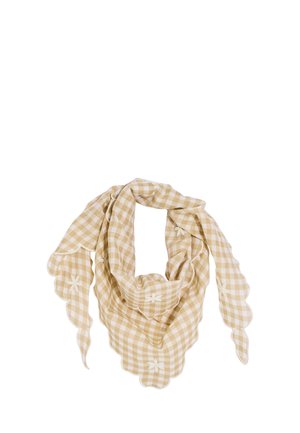 Pañuelo de cuadros vichy beige y blanco con bordes ondulados y pequeños detalles bordados de flores, doblado en forma triangular suelta.