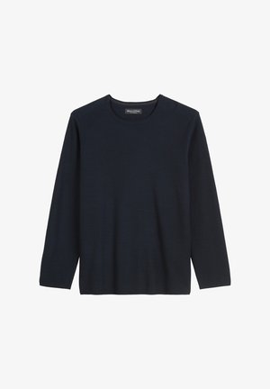Marineblaue Langarmbluse aus strukturiertem Stoff, mit Rundhalsausschnitt und lockerer Passform, sowie dezenten Rippdetails an den Bündchen.