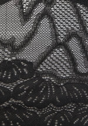 Schwarzer Spitzenstoff mit filigranen Blumen- und Blattmustern sowie feiner Netzstruktur im Hintergrund.