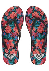 Flip-flops med sorte stropper og såler, der har et farverigt blomsterdesign i rødt, pink, blåt og grønt, med et hvidt hjerte-logo nær tåen.