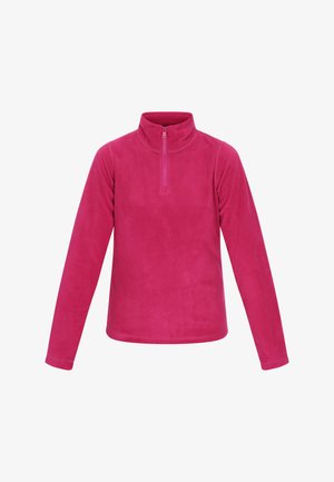 Fleece-Pullover in lebhaftem Pink. Mit einem Viertelreißverschluss und langen Ärmeln mit einer glatten, weichen Textur. Einfaches, funktionales Design.