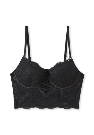 Reggiseno in pizzo nero con design strutturato, caratterizzato da un dettaglio decorativo a laccetto al centro frontale, spalline regolabili e bordi smerlati.