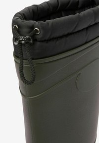 Bota verde impermeable con un collar acolchado negro. Cuenta con un cierre de cordón y un material de goma texturizada con un diseño liso.