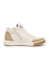 White high-top sneaker with beige suede accents, side zipper, white laces, and brown rubber sole.