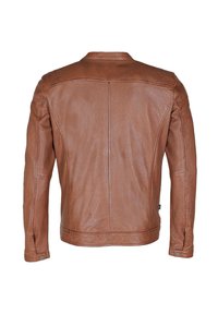 Braune Lederjacke mit glatter Textur, figurnahen Design und dezenten Nähten. Besitzt einen Stehkragen und seitliche Druckknöpfe.