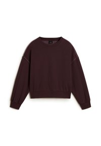 Crop sweatshirt bordeaux con maniche lunghe e gonfiate e polsini a costine. Tessuto liscio e scollatura rotonda. Design semplice senza motivi o dettagli.