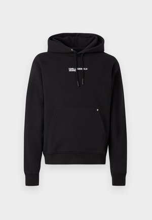 Svart hettegenser med kengurulomme, snøring på hette og kontrastfylt hvit tekst "KARL LAGERFELD JEANS" på brystet. Myk bomullsmateriale.