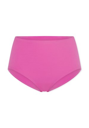 Bright pink seamless high-waist women's underwear with a smooth finish and subtle patterned trim on edges, isolated on white background.