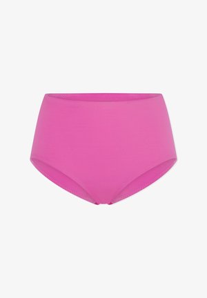 Bright pink seamless high-waist women's underwear with a smooth finish and subtle patterned trim on edges, isolated on white background.