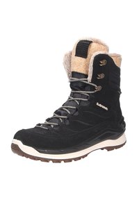 Zwarte winterlaars met een suede buitenkant, een fluffy tan boord en metallic veterogen. Voorzien van een stevige rubberen zool en een gestructureerde grip.