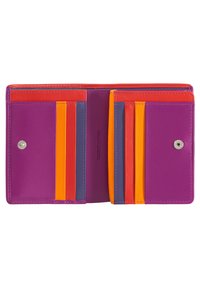 Portafoglio in pelle viola con multiple fessure per carte in arancione, rosso, giallo e blu. Presenta una chiusura a scatto e una superficie liscia.
