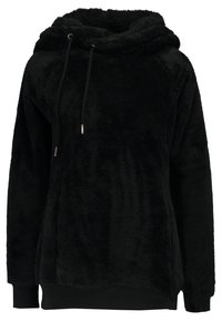 Musta pitkähihaisen hupullisen fleecetakin vetoketjuilla ja resoreilla hihansuissa ja helmassa, esitetty valkoisella taustalla.