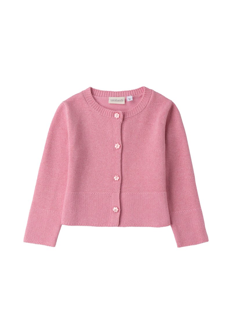 Cardigan rosa lavorato a maglia con maniche lunghe, scollatura rotonda e chiusura a bottoni con bottoni a forma di fiore. Finitura texture e liscia.