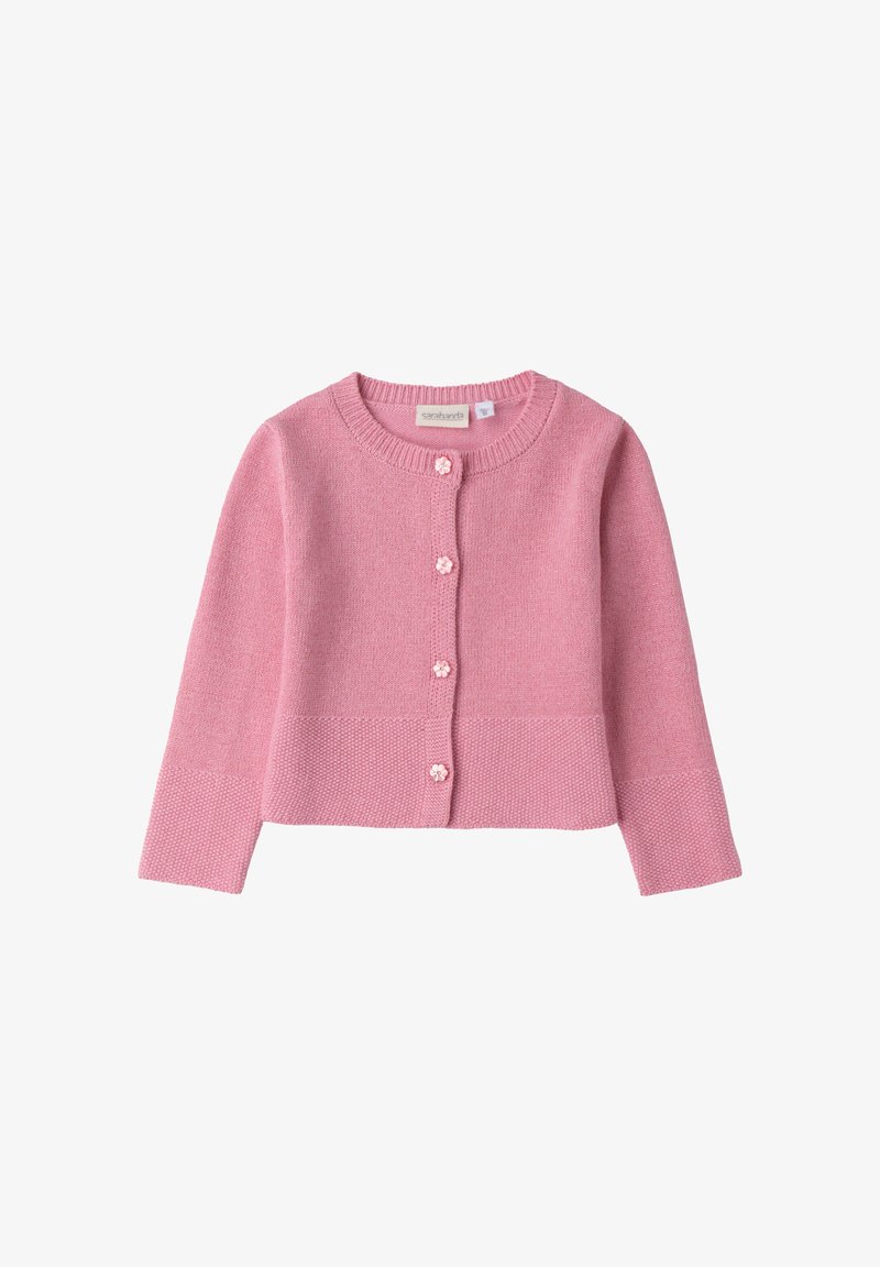 Cardigan rosa lavorato a maglia con maniche lunghe, scollatura rotonda e chiusura a bottoni con bottoni a forma di fiore. Finitura texture e liscia.
