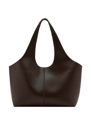 Borsa tote in pelle marrone scuro con ampie tracolle e apertura superiore arrotondata, design semplice con dettaglio della cucitura centrale.